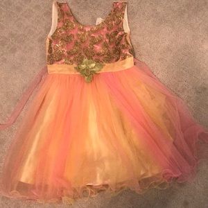 Gold detailed, pink-orange sunset themed mesh dress